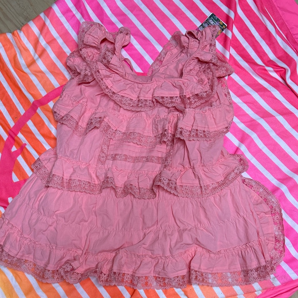 Tiered Ruffle Lace Mini Dress - Pink